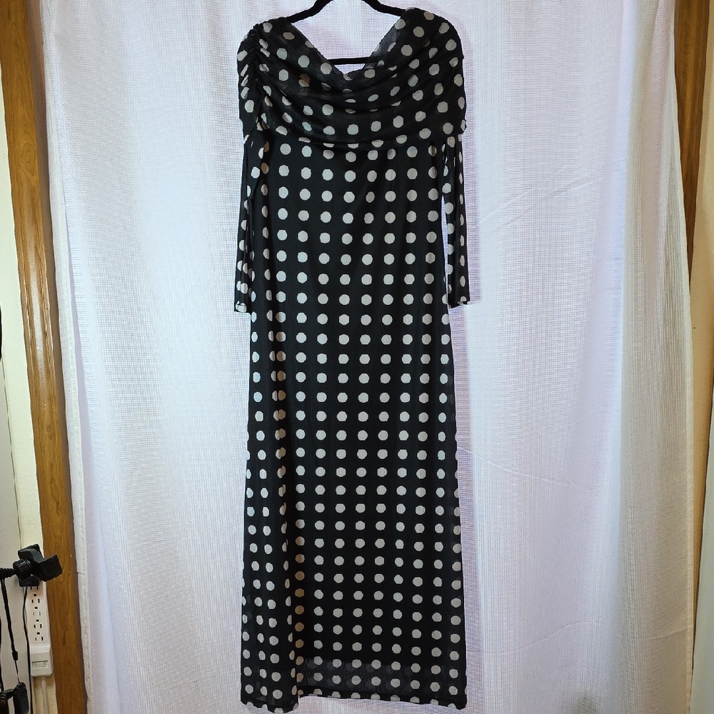 Elegant Long Sleeve Blk/Wht Polka Dot Off Shoulder Wrap Maxi Statement Dress